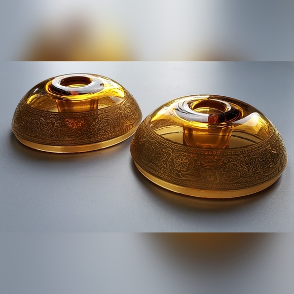 🕯Vntg Amber&Gold Gilt 4" Wide Candle Taper🕯Holders Pair - Picture 1 of 15